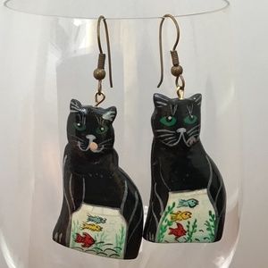 Vintage Cat Earrings Hand Painted Wood Feline Kitty